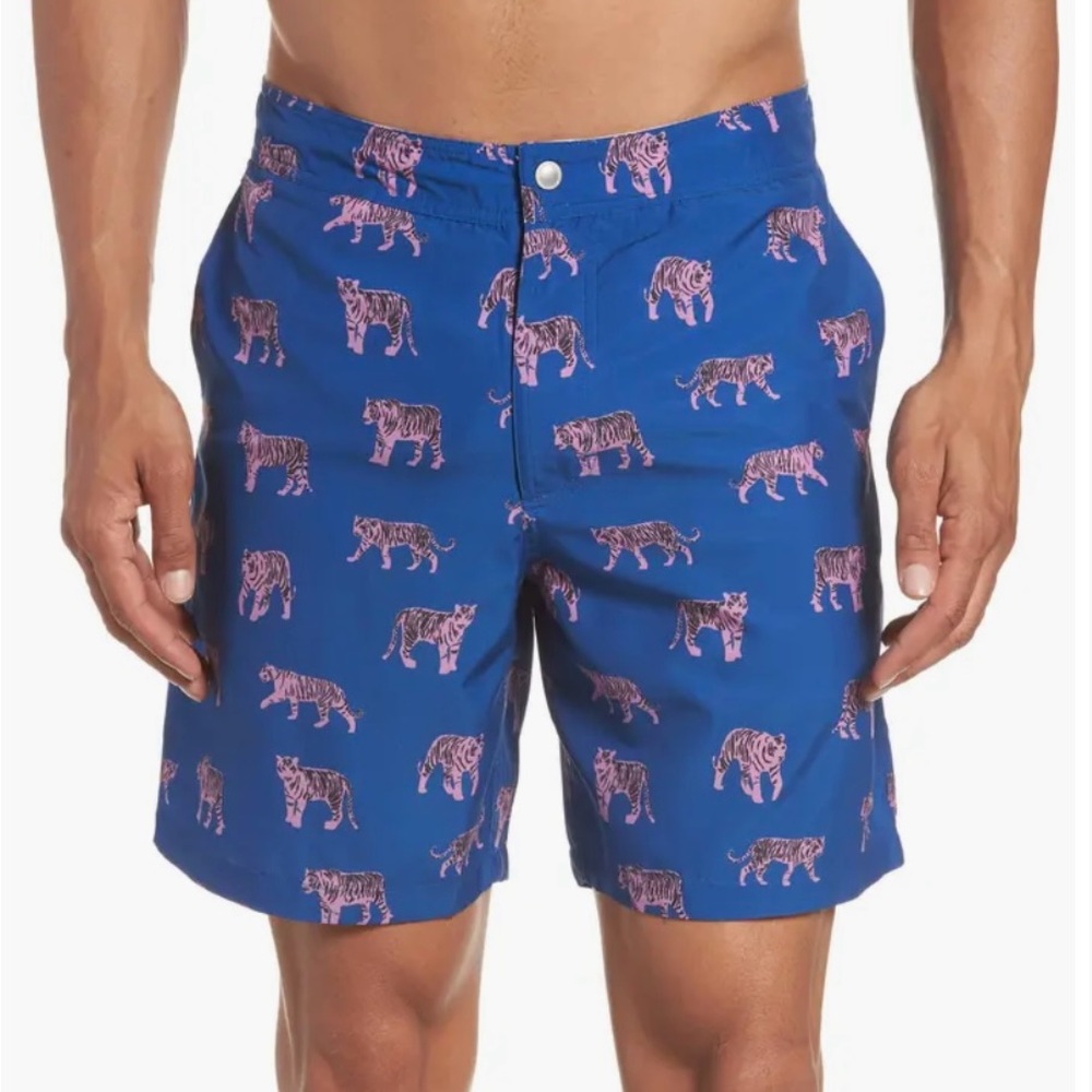Bonobos Men's Blue Tiger Print Lined Swim Shorts